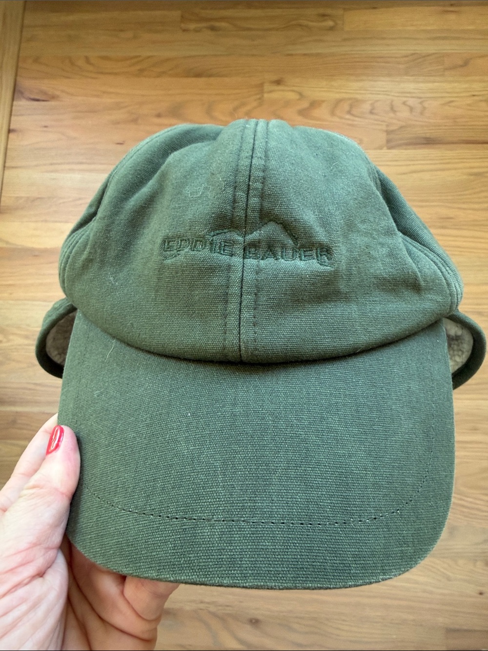 Vintage Eddie Bauer Sherpa Lined Earflap Cap Green Cotton Trapper Hat S/M